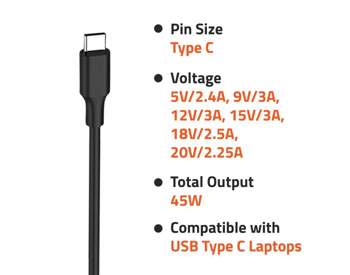 MENTE LAPTOP ADAPTOR UNIVERSAL 45W (TYPE C)